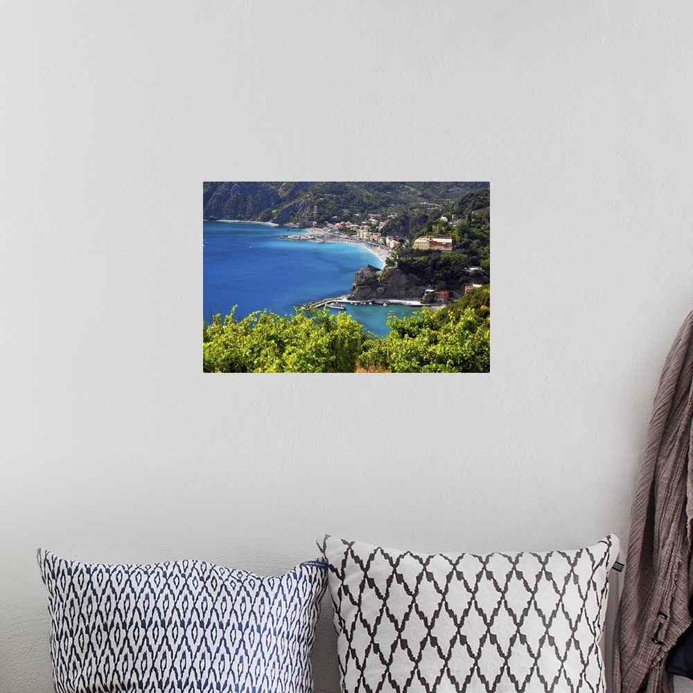 A bohemian room featuring High angle view of the Ligurian Coastline at Monterosso, Cinque Terre, Italy.