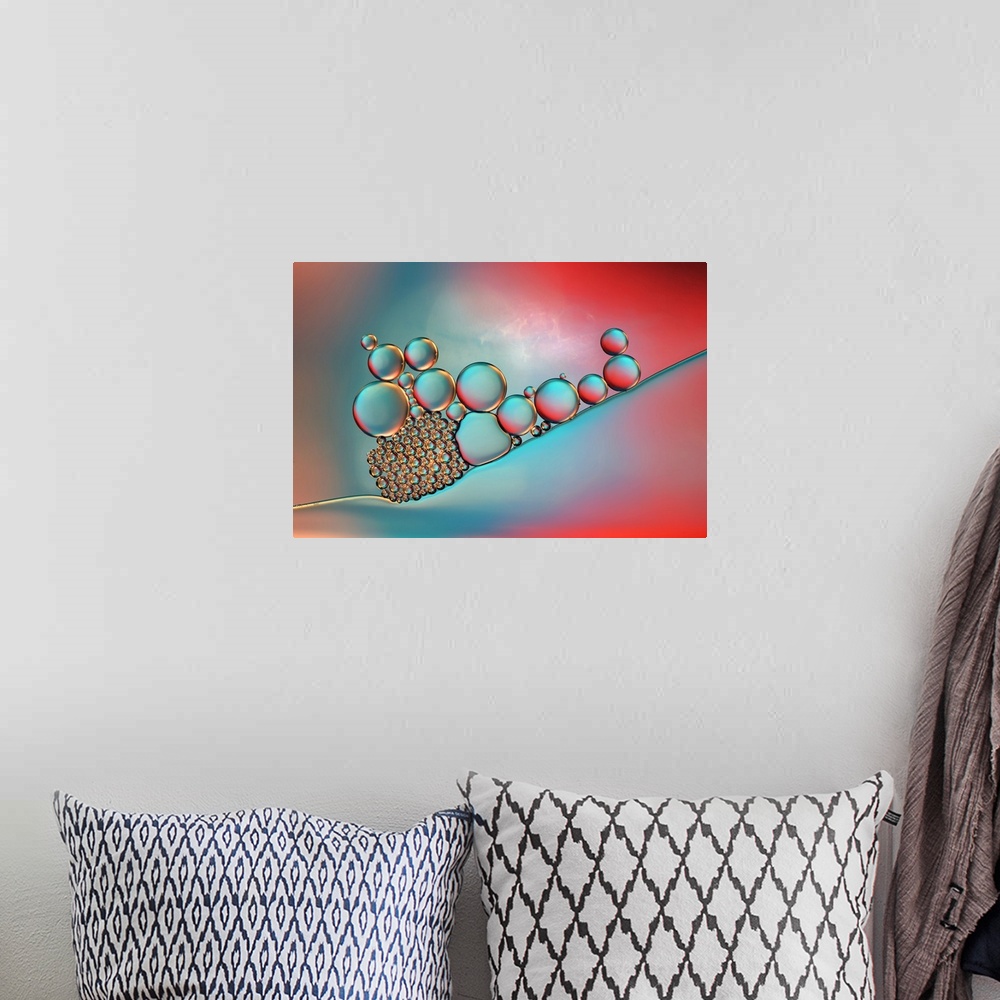 A bohemian room featuring A macro photograph of a cluster of bubbles against a colorful background.