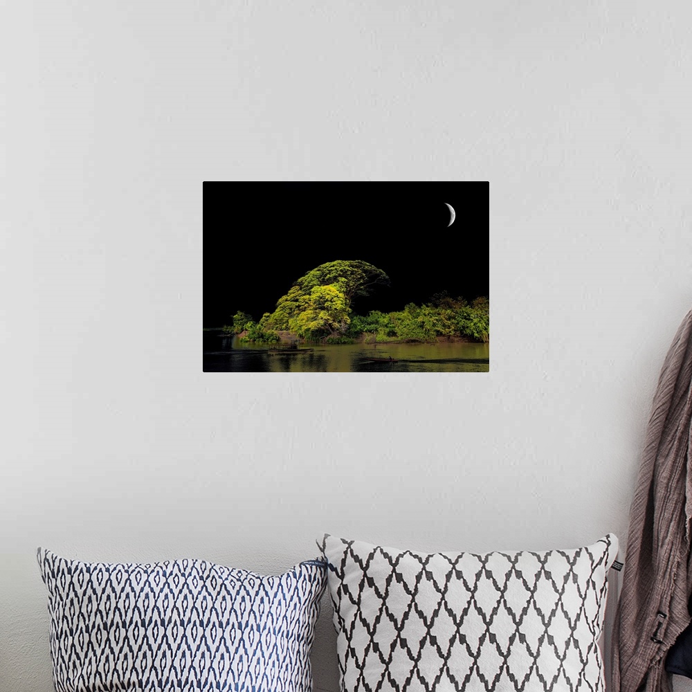 A bohemian room featuring Landscape of greenery under a crescent moon and in front of a dark sky