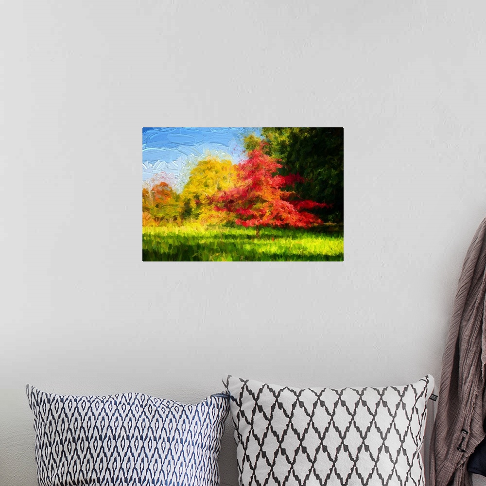 A bohemian room featuring Expressionist photo or painterly of nature in autumn