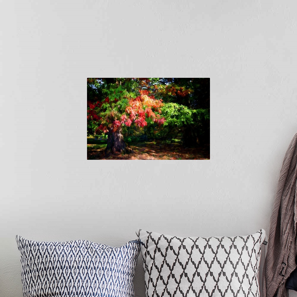 A bohemian room featuring Expressionist photo or painterly of an oak tree in autumn