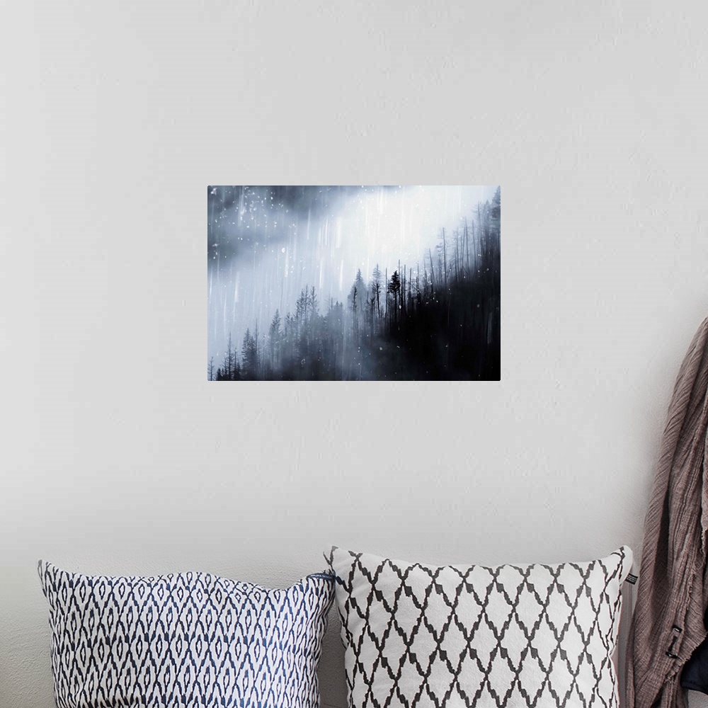 A bohemian room featuring Fine art photograph of a light snowfall over a forest of dark trees.