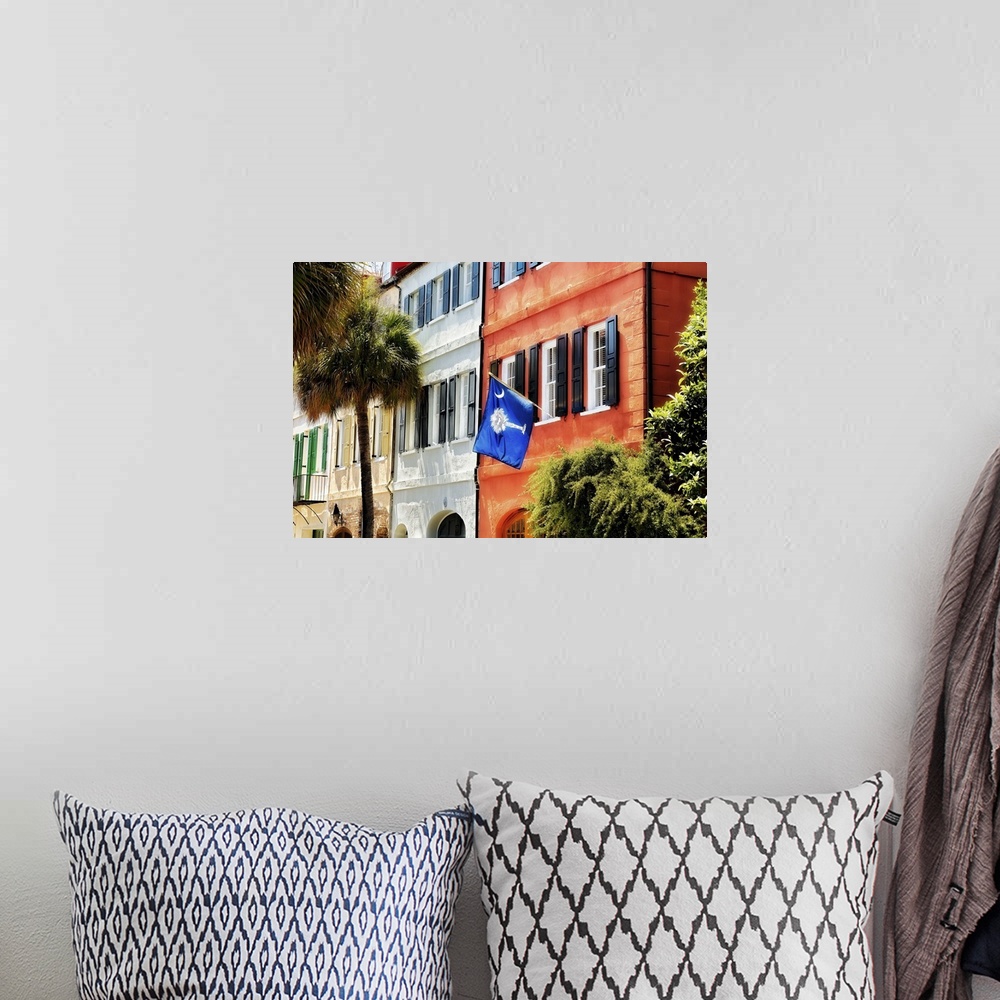 A bohemian room featuring Low Angle View of Colorful House Exteriors with a Flag, Charleston, South Carolina