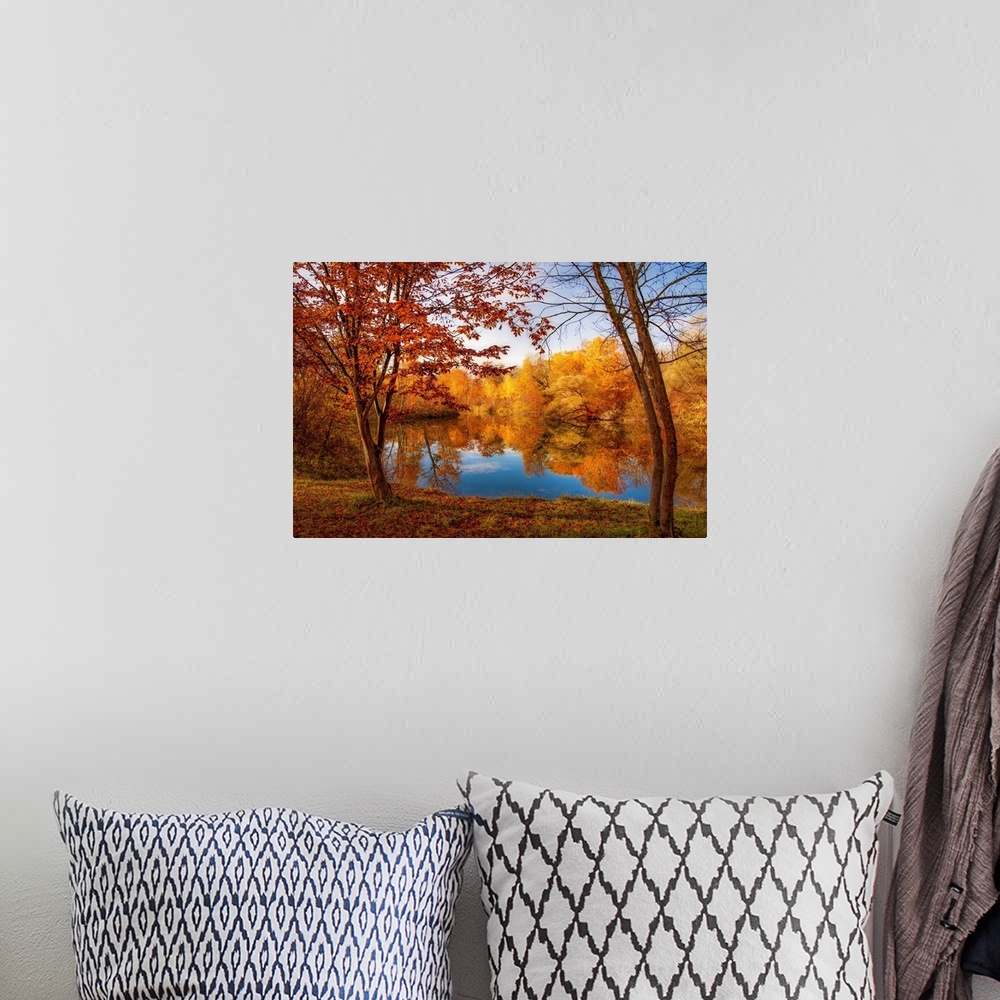 A bohemian room featuring A pond in front of a forest in autumn with trees in the foreground