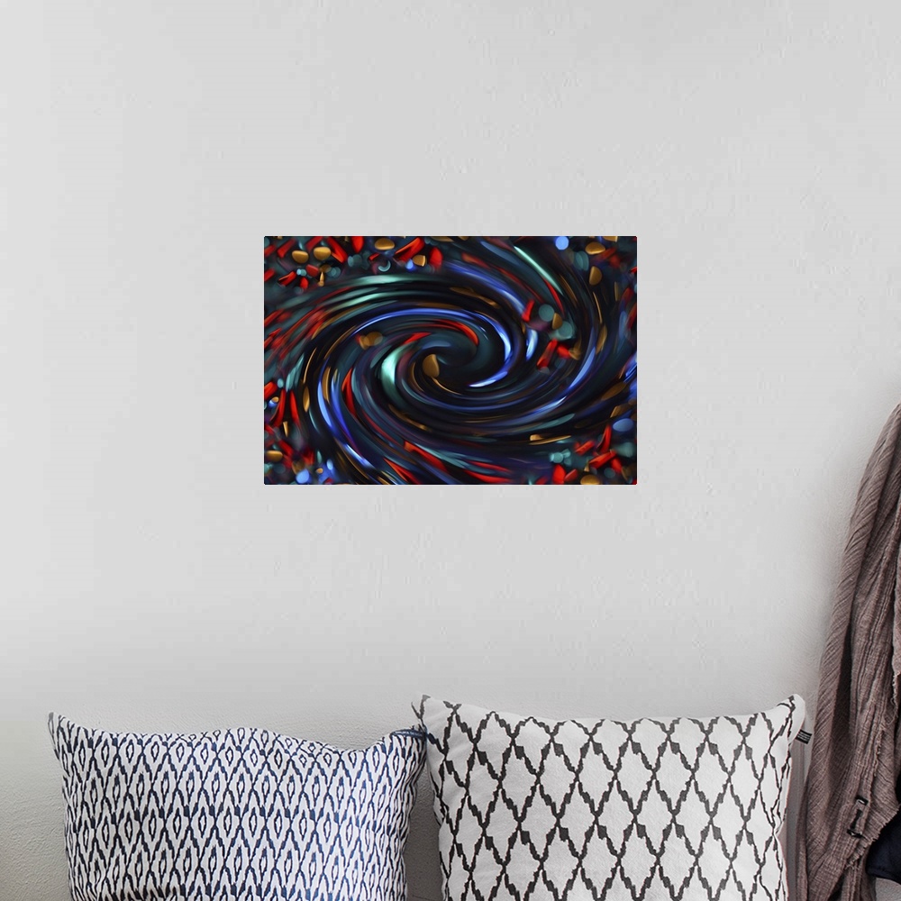 A bohemian room featuring An abstract macro photograph of a swirling of colors and forms.
