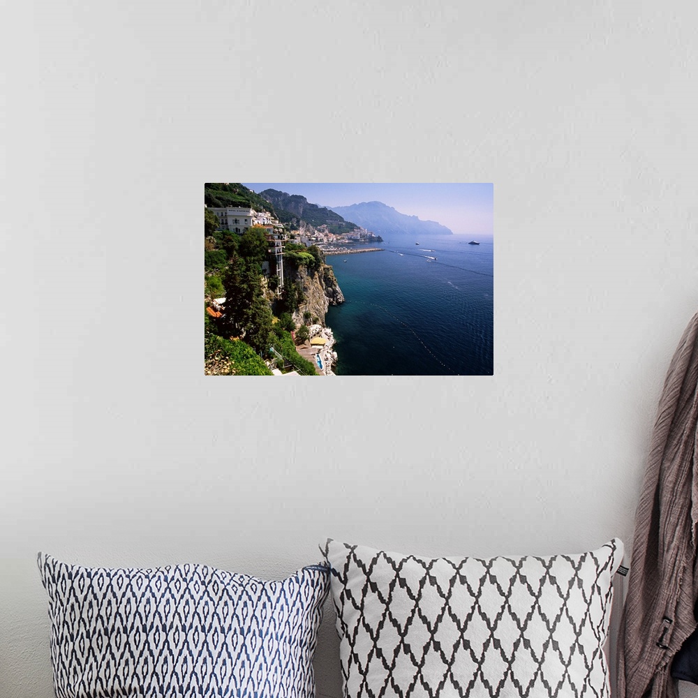 A bohemian room featuring High angle view of the Amalfi Coastline at Amalfi, Campania, Italy.