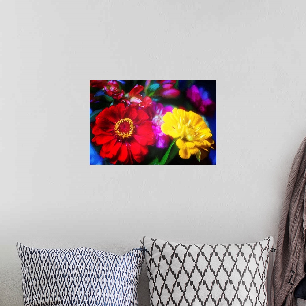 A bohemian room featuring Close-up photograph of yellow, purple, and red flowers with a painted look finish.