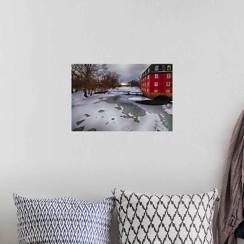 A bohemian room featuring Winter Landscape with the Kingston Gristmill at the Lake Carnegie Dam, New Jersey, USA
