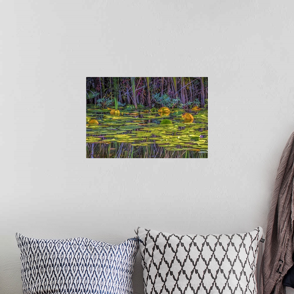 A bohemian room featuring A colorful painterly scene of a marsh with lily pads.