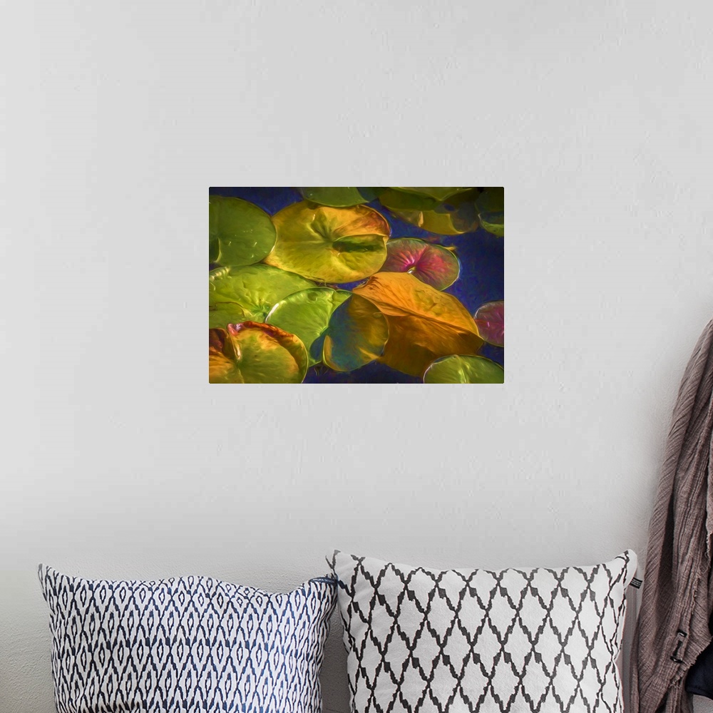A bohemian room featuring A colorful painterly scene of lily pads.
