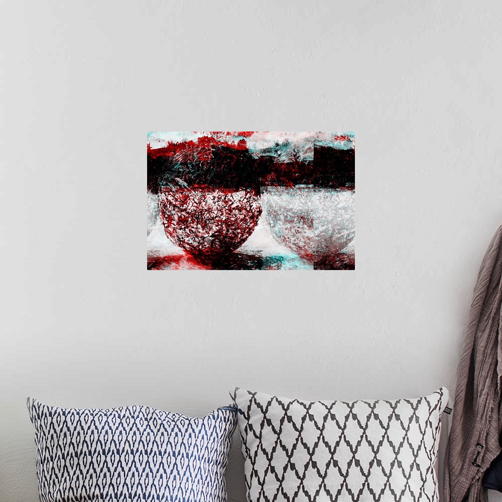A bohemian room featuring Conceptual abstract photograph in red, white, and black, made of urban elements.