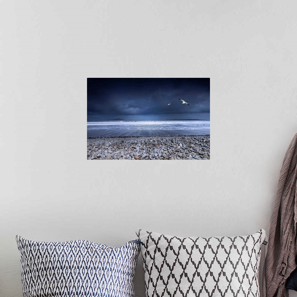 A bohemian room featuring Fine art photo of a rocky beach on the ocean shore with two seagulls in the dark, stormy sky.