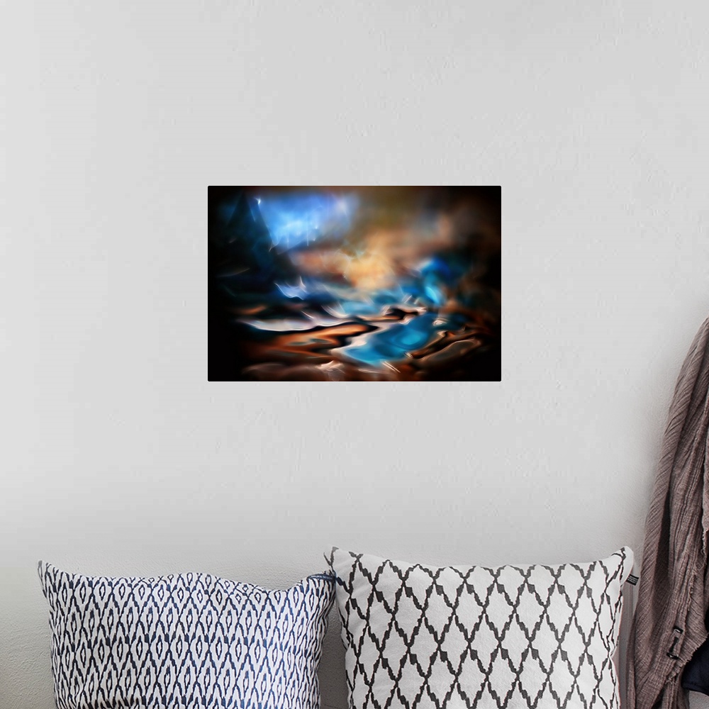 A bohemian room featuring Abstract photograph in dark hues with bright blues.