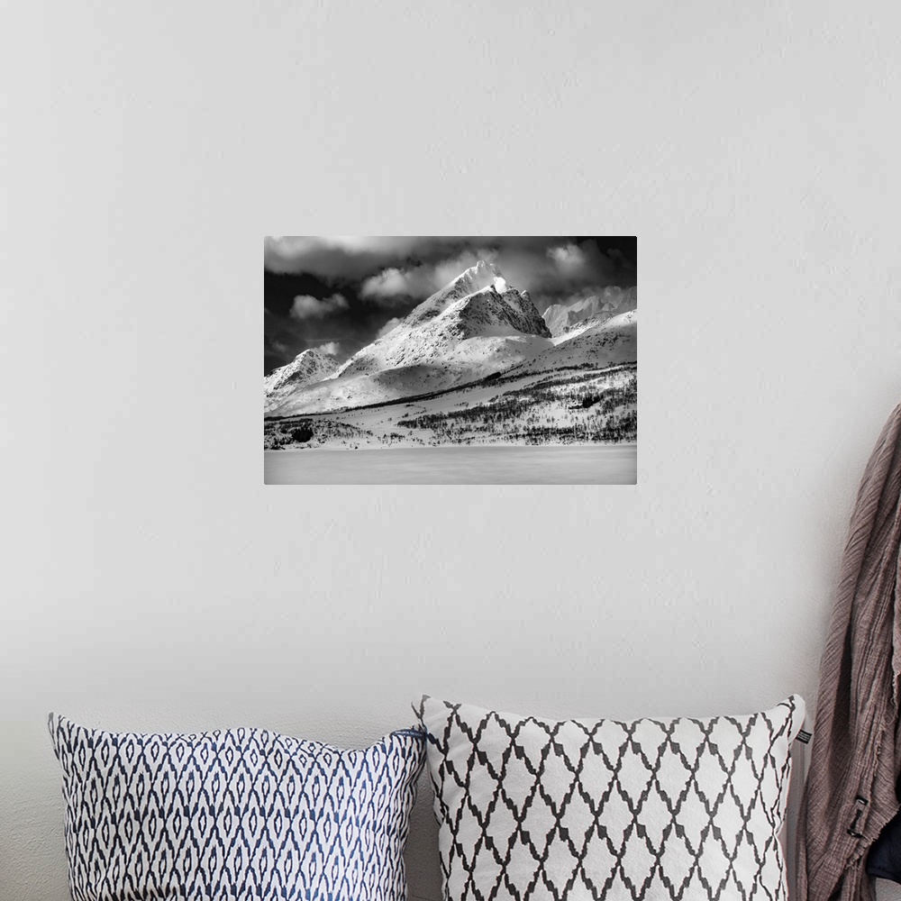 A bohemian room featuring Snowy mountain in Norway, black and white photo