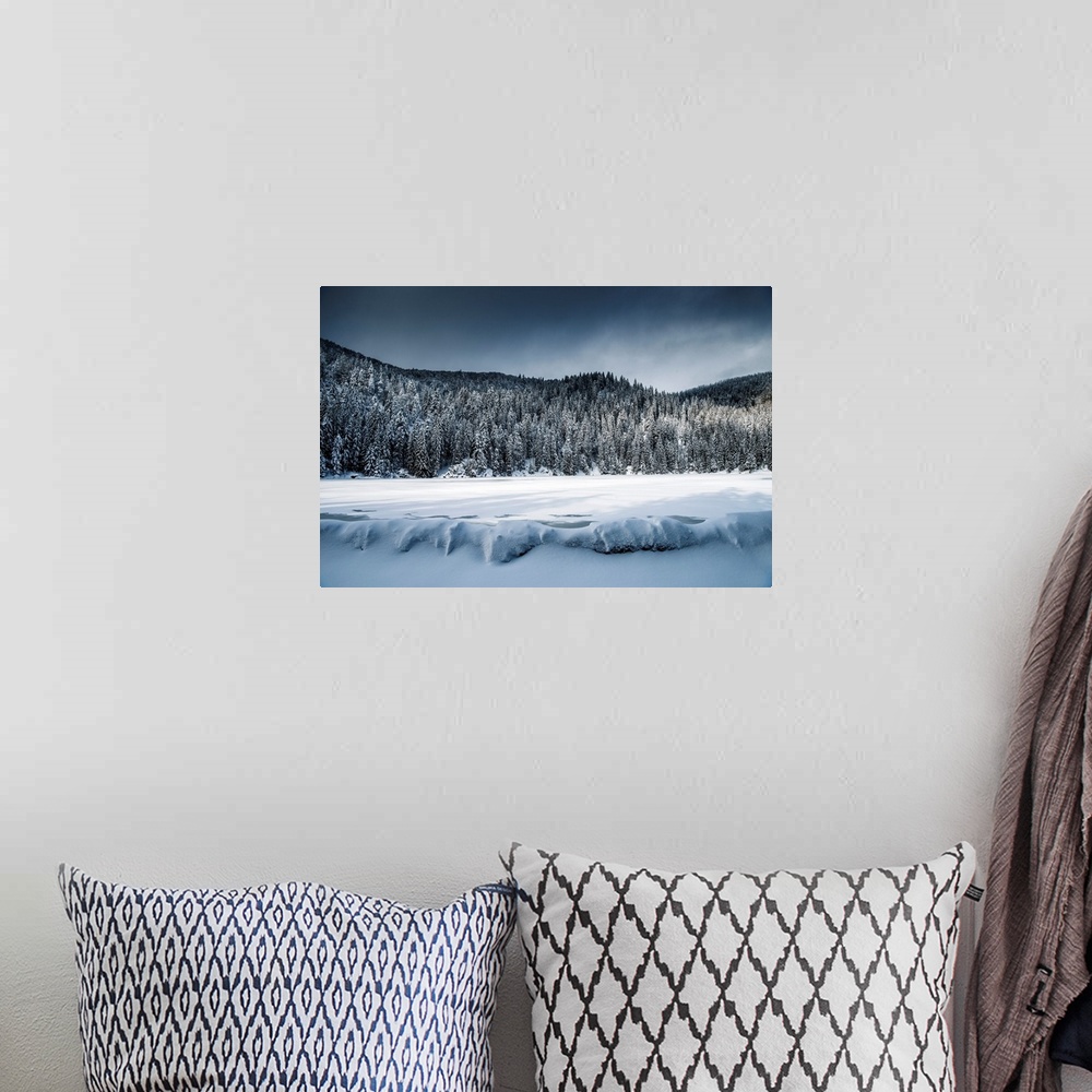 A bohemian room featuring Winter landscape around a frozen lake and snow-covered fir trees