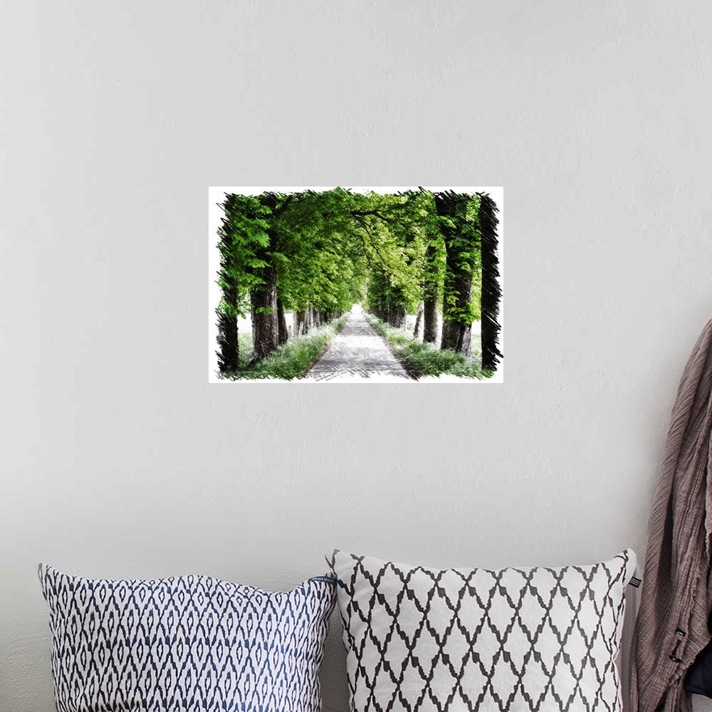 A bohemian room featuring Path lined with green trees with a drawing finish