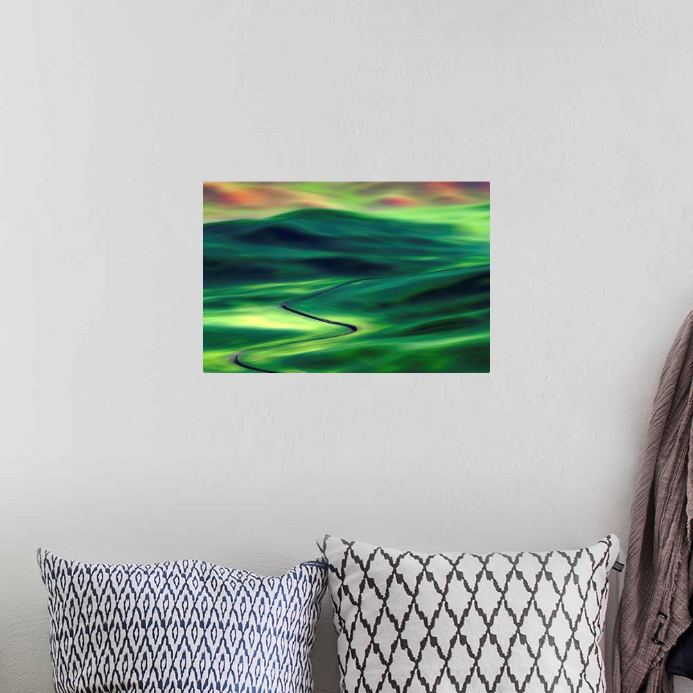 A bohemian room featuring Fine art photo of the rolling fields of Palouse in Washington in the Spring.