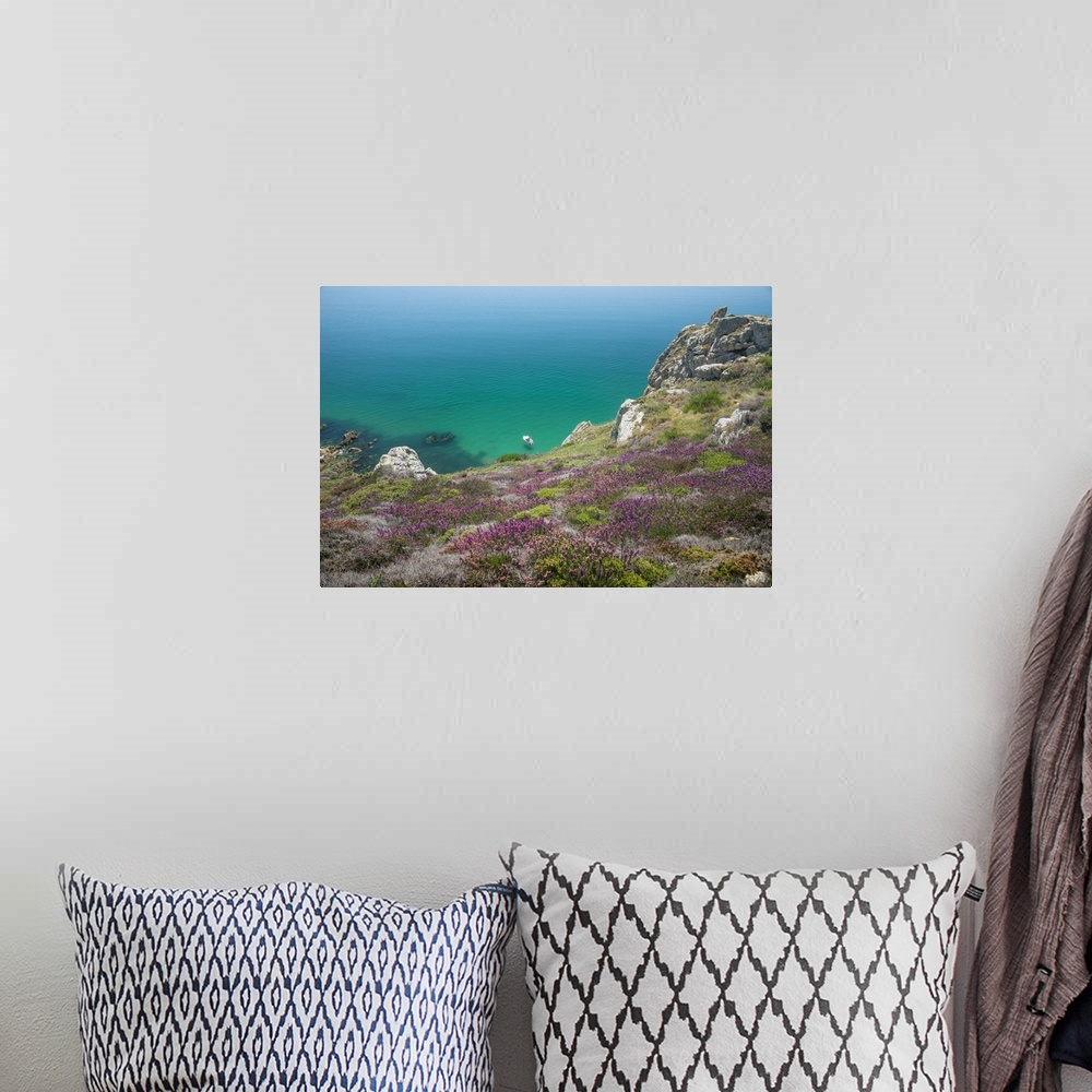 A bohemian room featuring Wildflowers on a cliff overlooking a turquoise sea.