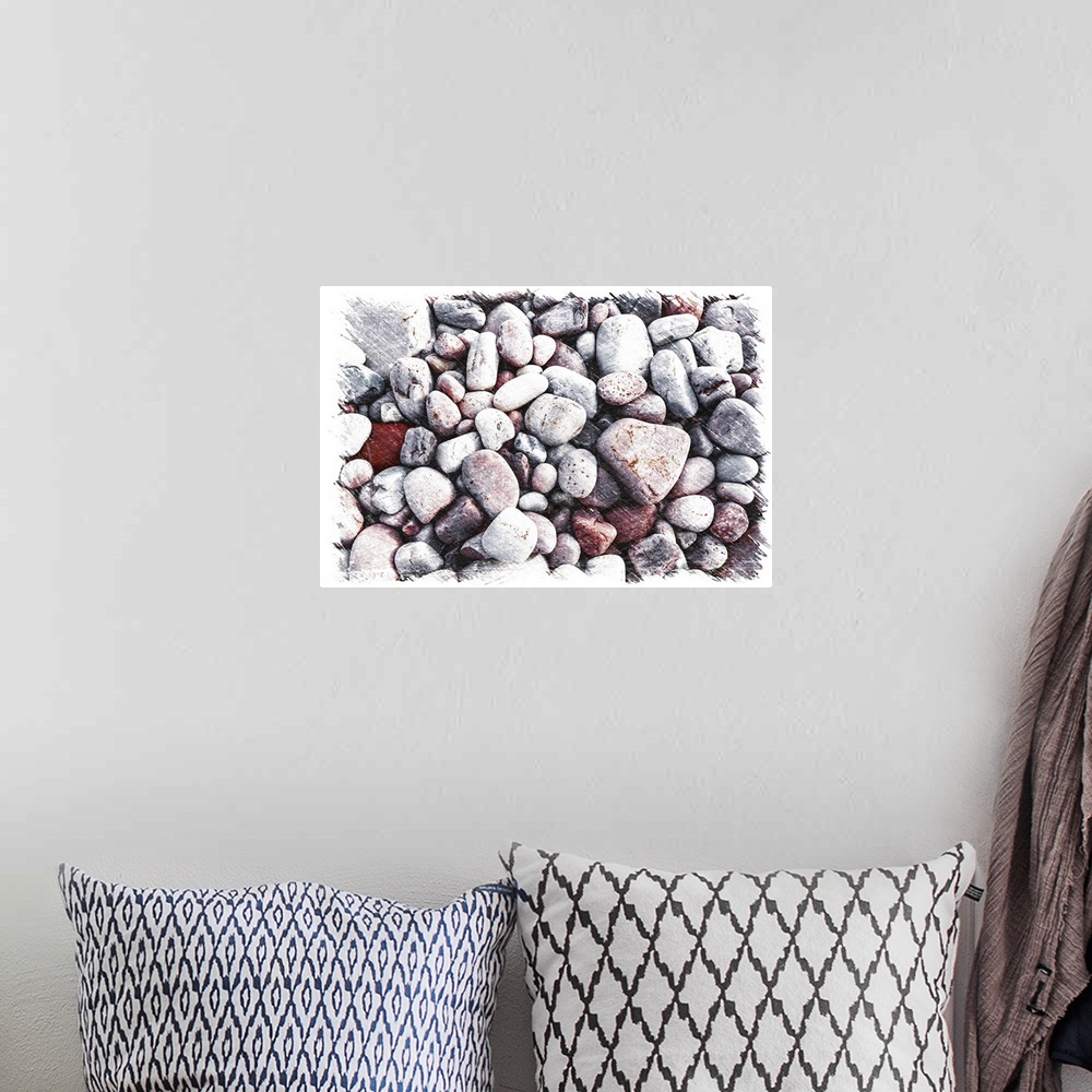 A bohemian room featuring Small and large pebbles with a drawing effect