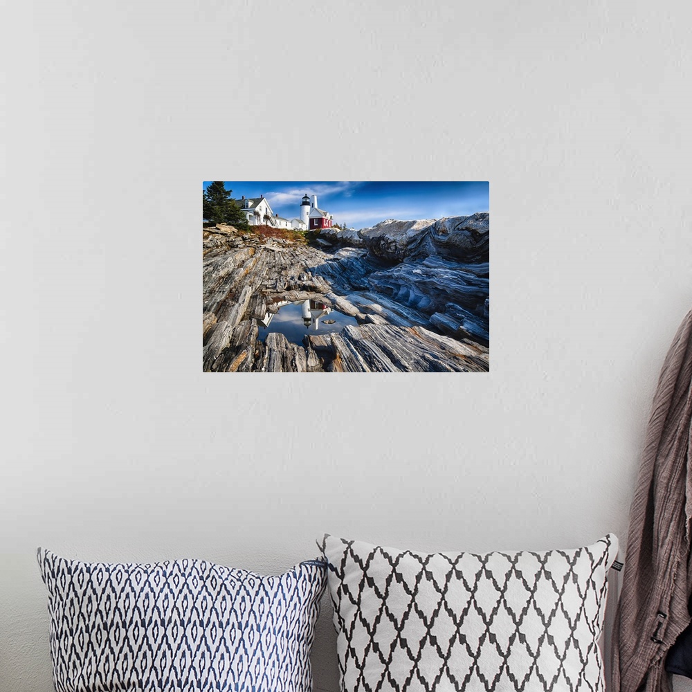 A bohemian room featuring View of the Pemaquid Point Lighthouse with Image Reflected in Tidal Pool, Maine.