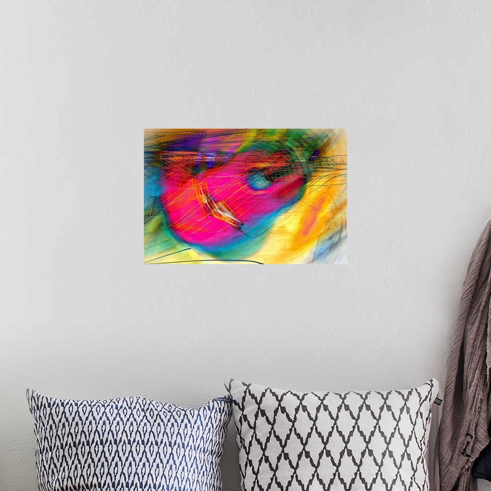 A bohemian room featuring Abstract image of a neon pink guitar with colorful lines.
