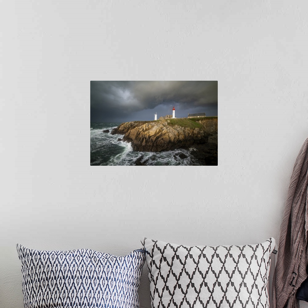 A bohemian room featuring Stormy time on saint mathieu lighthouse in Brittany in France. Some grey heavy clouds coming on t...