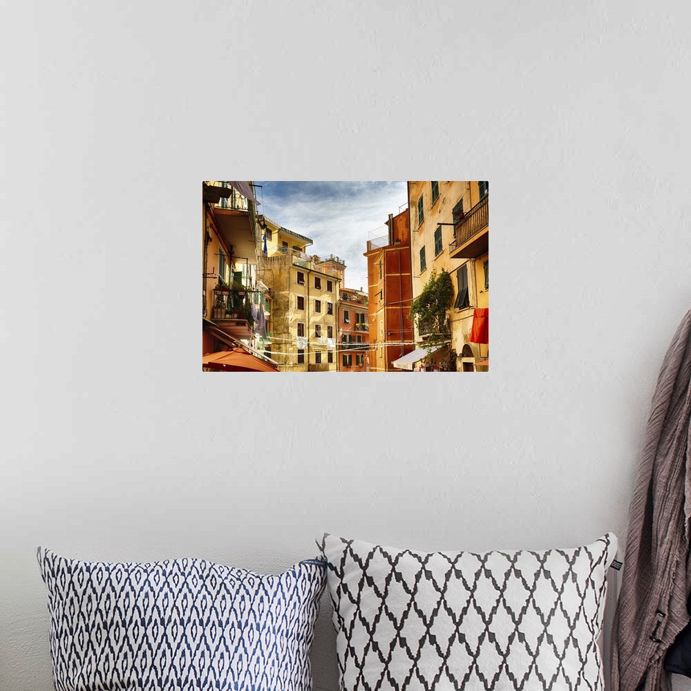 A bohemian room featuring High Angle View of Building Facades ina Narrow Street, Riomaggio