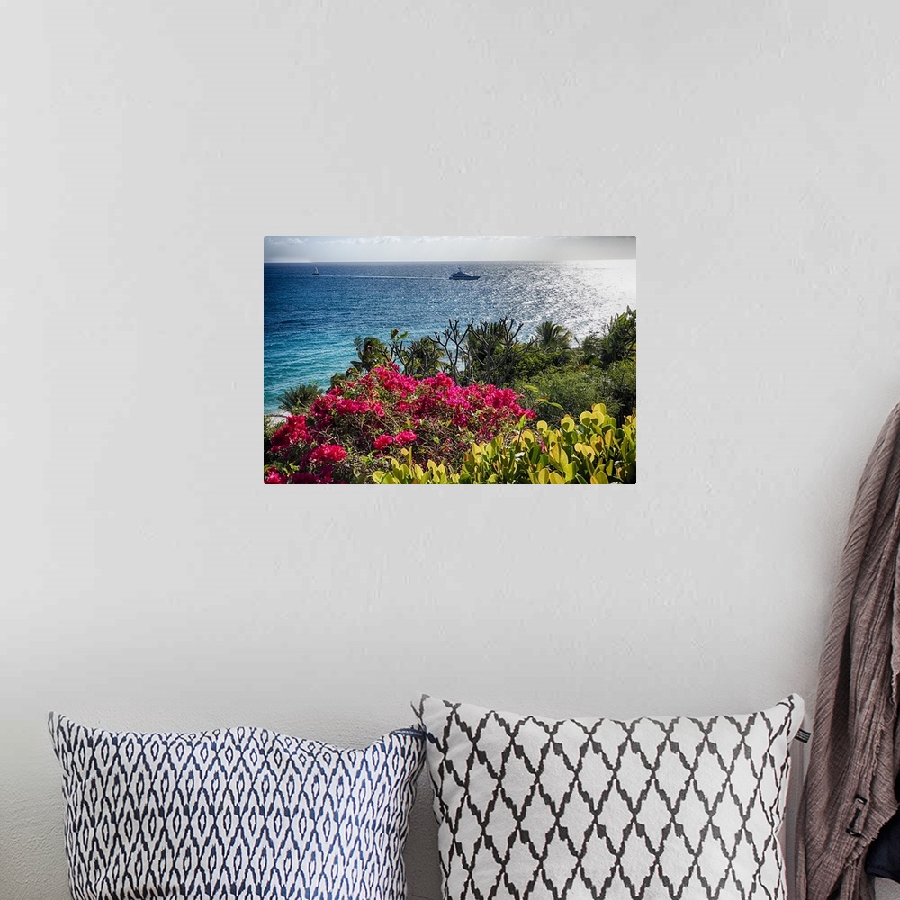 A bohemian room featuring A photograph of a seascape from a viewpoint with flowers in the foreground.