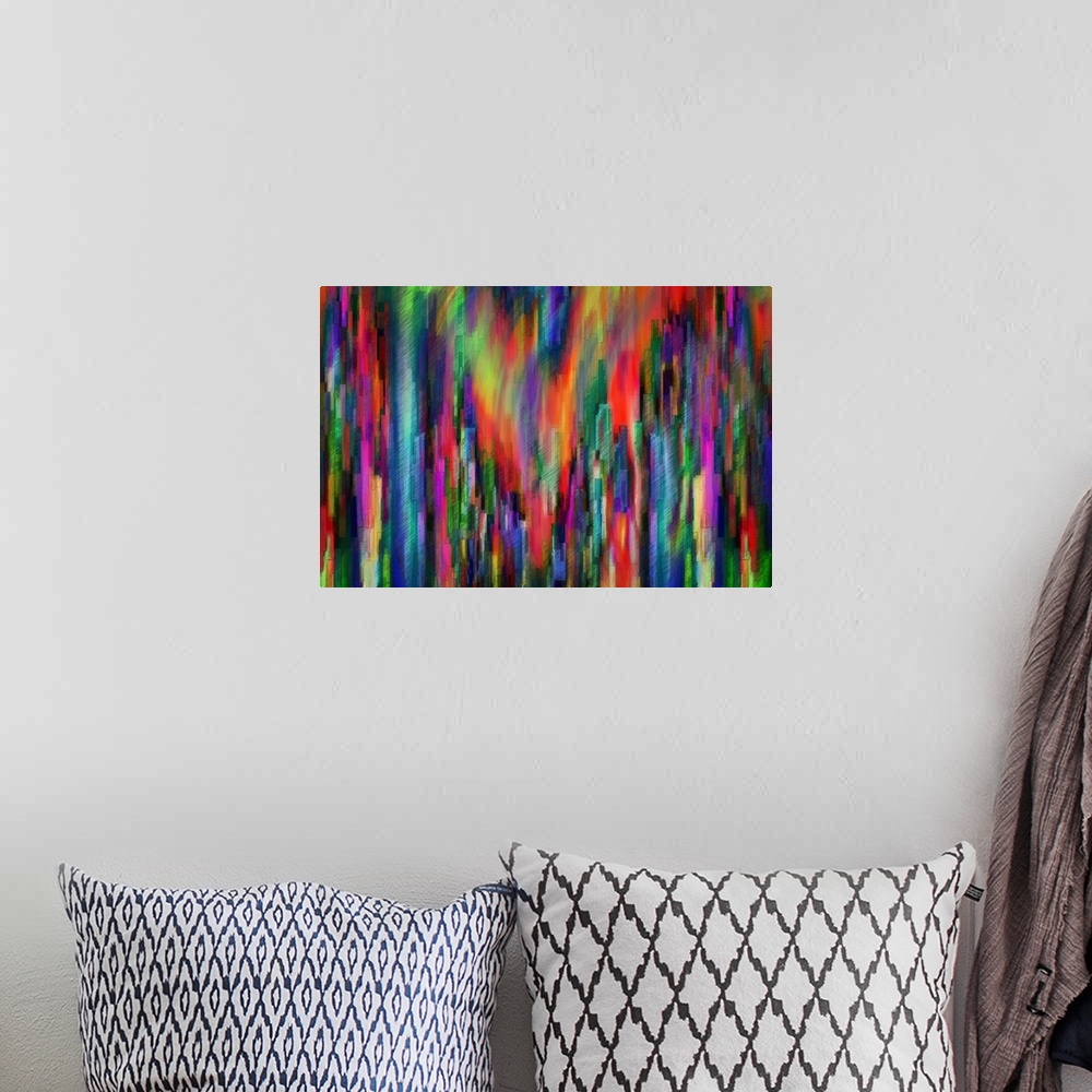 A bohemian room featuring Technicolor neon lights from a city scene warped into abstract shapes to create a mosaic-like image.