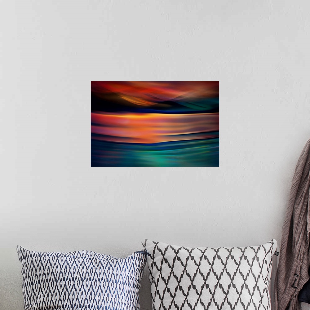A bohemian room featuring Abstract art with colorful waves of color running horizontally across the canvas in a dreamlike way.
