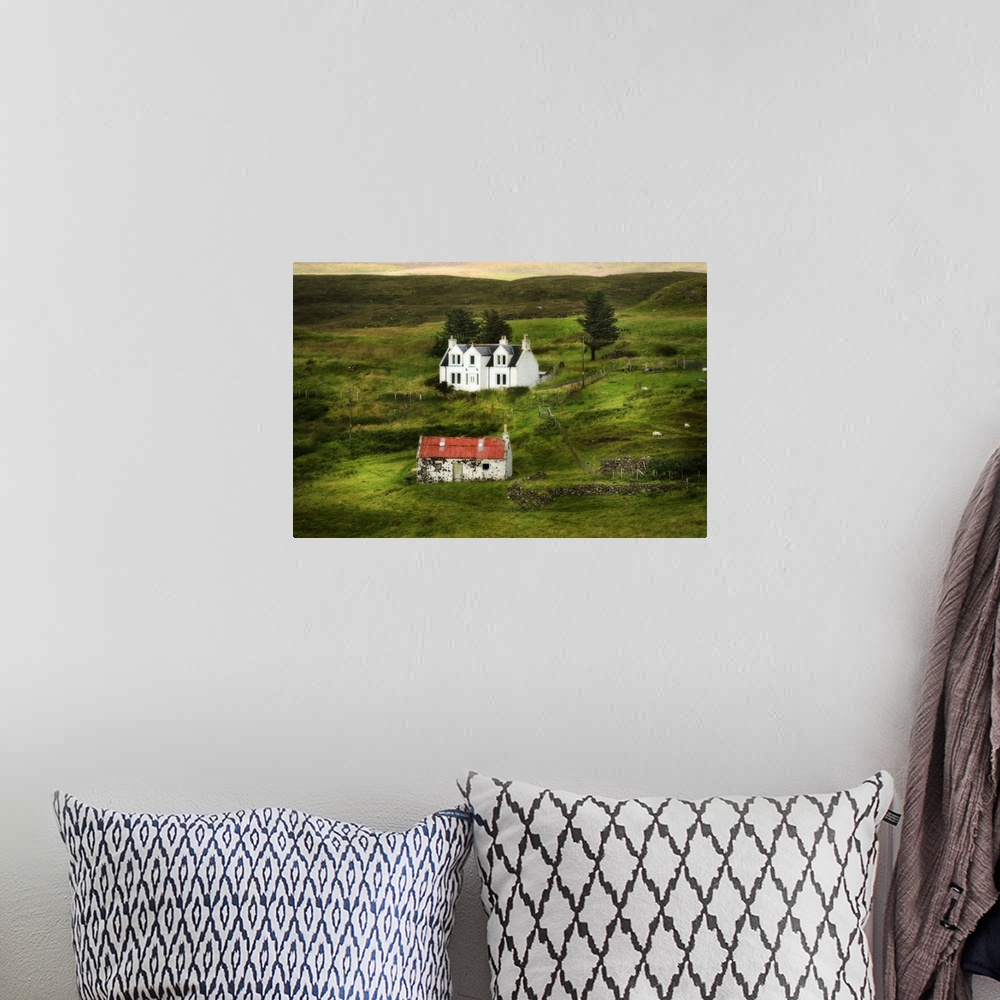 A bohemian room featuring Fine art photo of two houses in the Scottish countryside.