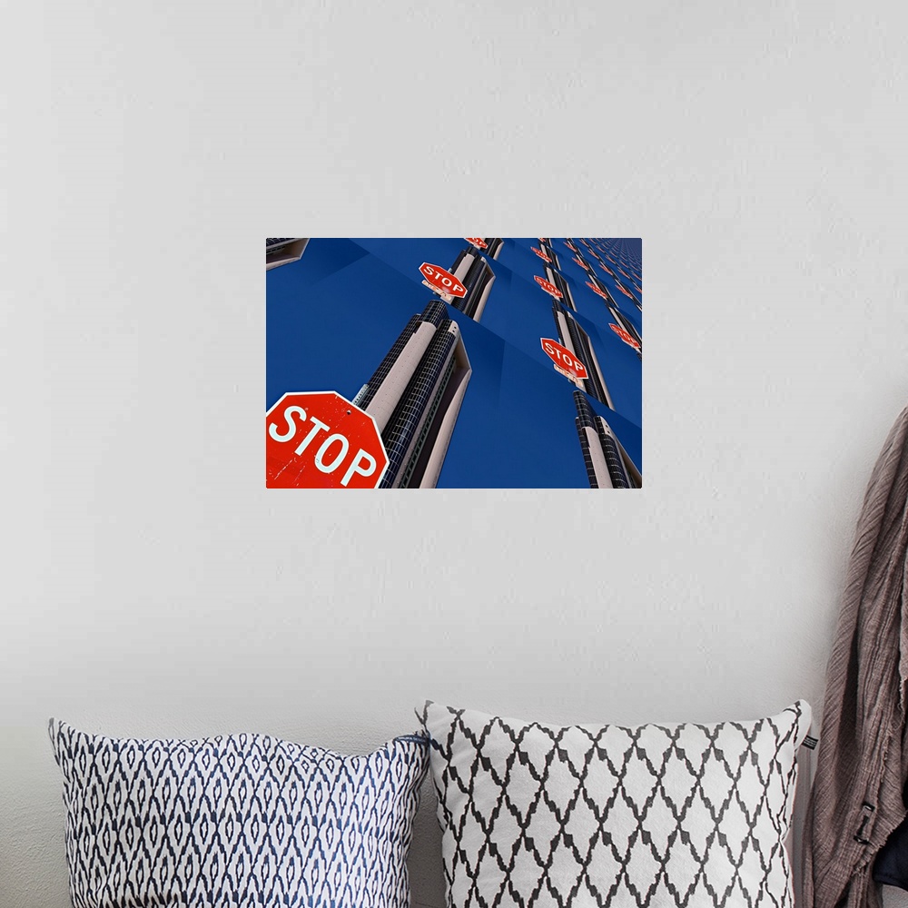 A bohemian room featuring Image of a stop sign and skyscraper repeated several times into a pattern, creating an abstract i...