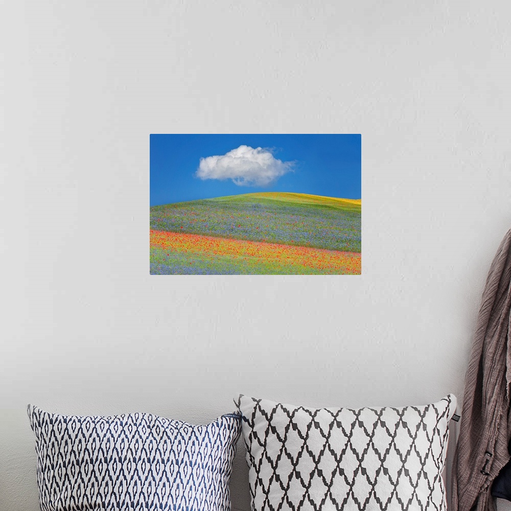 A bohemian room featuring A photograph of a countryside landscape with rolling hills.