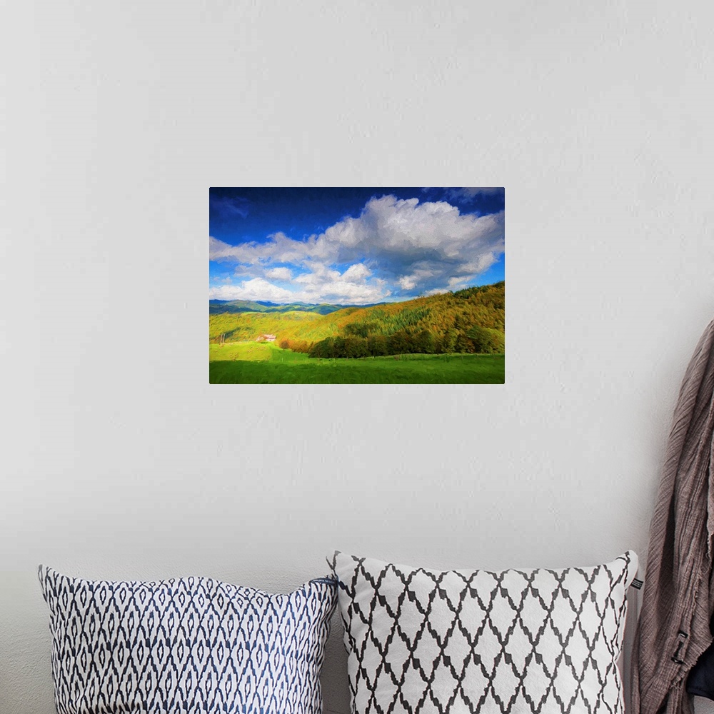 A bohemian room featuring A photograph of a countryside landscape under fluffy clouds.