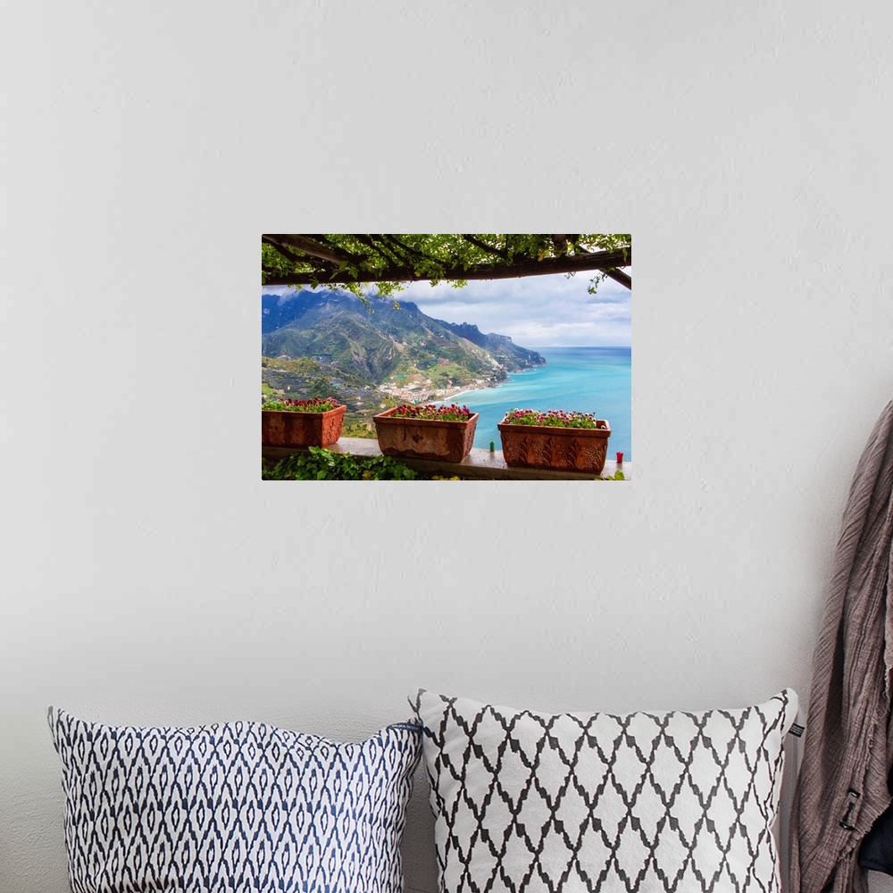 A bohemian room featuring Scenic view from Under a Trellis, Ravello, Amalfi Coast, Campania, Italy.