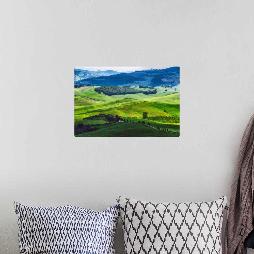 A bohemian room featuring Rolling hills with farms, Val d'Orcia, Tuscany, Italy.
