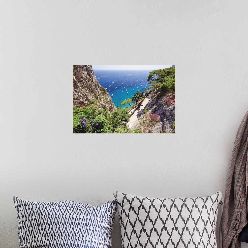 A bohemian room featuring High Angle View of Coastline with a Trail, Via Krupps, Capri, Campania, Italy.