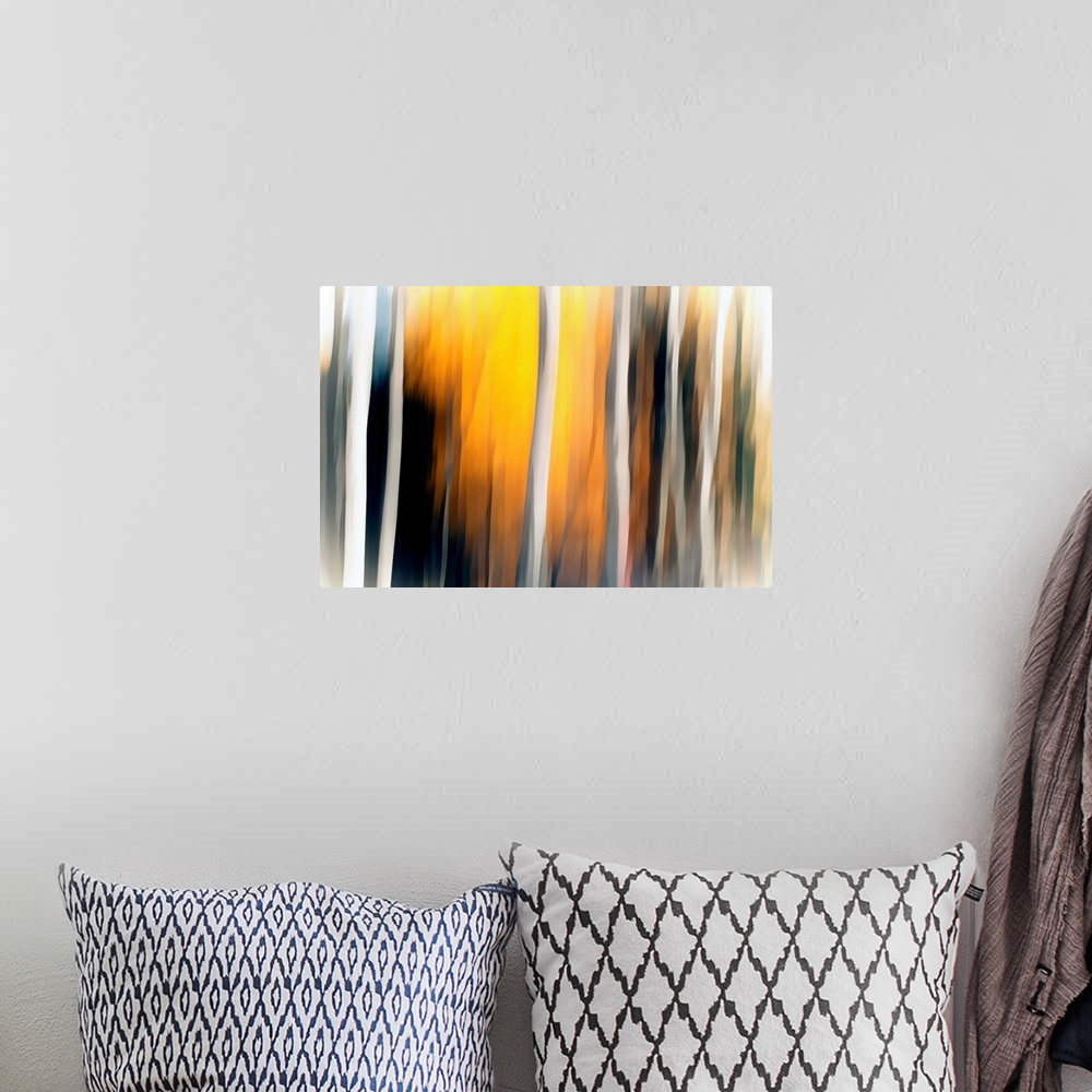 A bohemian room featuring Abstract landscape photograph with blurred white Birch tree trunks and a yellow and orange lit ba...