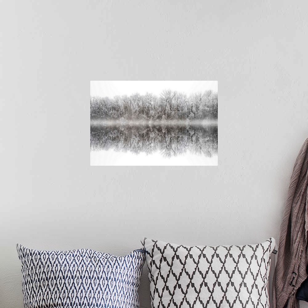 A bohemian room featuring Photograph of a snow frozen line of trees reflecting below a foggy line.