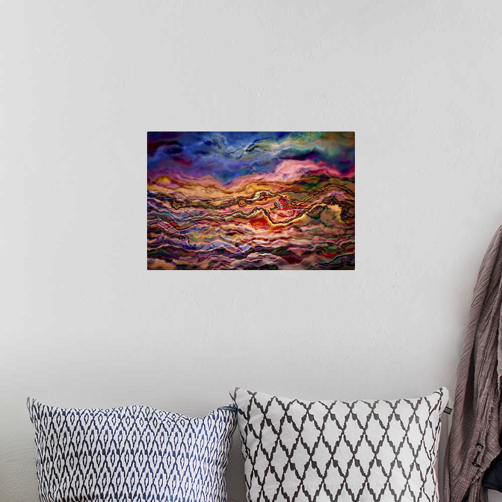 A bohemian room featuring Abstract photograph of wild shaking layers in pink and blue.