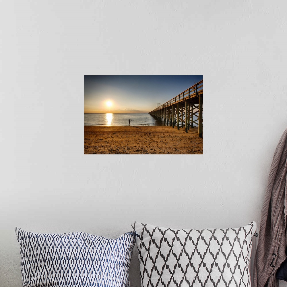A bohemian room featuring Wooden Pier Perspective at Sunset, Keansburg, New Jersey, USA.