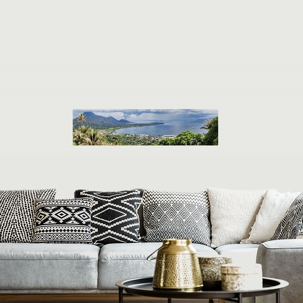 A bohemian room featuring High angle view of a town on the coast with volcano in the background, Tavurvur, Rabaul, East New...