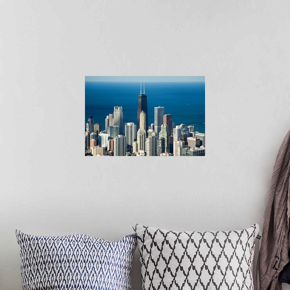 A bohemian room featuring Aerial view of a city, Hancock Building, Lake Michigan, Chicago, Cook County, Illinois, USA