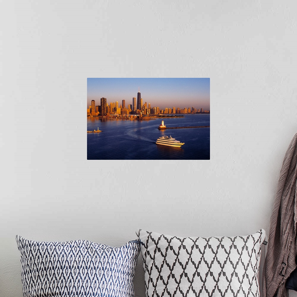 A bohemian room featuring Aerial view of Chicago skyline at sunrise, Chicago, Cook County, Illinois, USA
