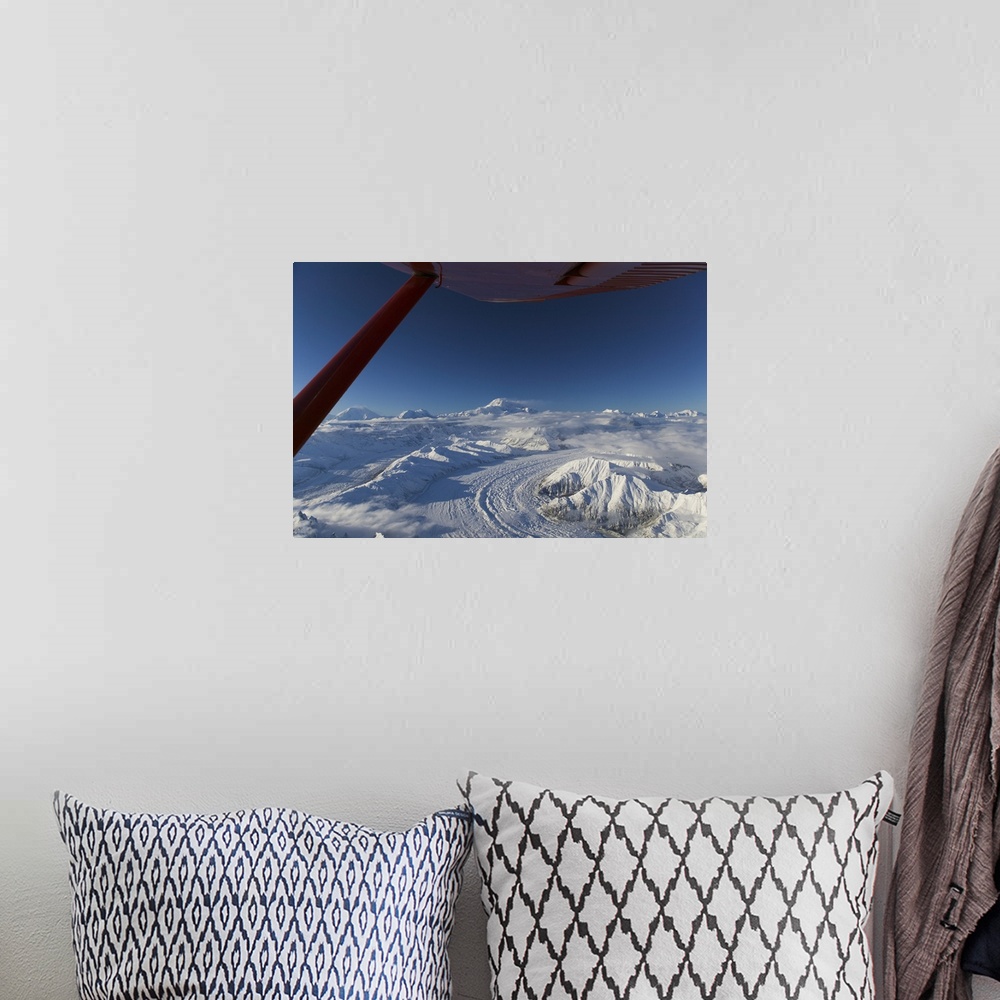 A bohemian room featuring Aerial view of snow covered mountains on a polar landscape, Mt Mckinley, Denali National Park, Al...