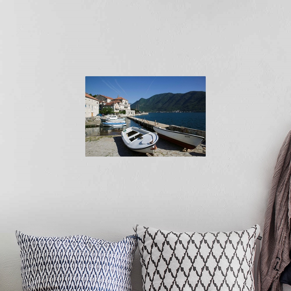 A bohemian room featuring Boats at a harbor, Perast, Bay of Kotor, Kotor, Montenegro