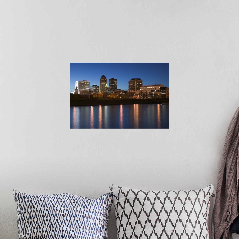 A bohemian room featuring Buildings at the waterfront, Des Moines River, Des Moines, Iowa