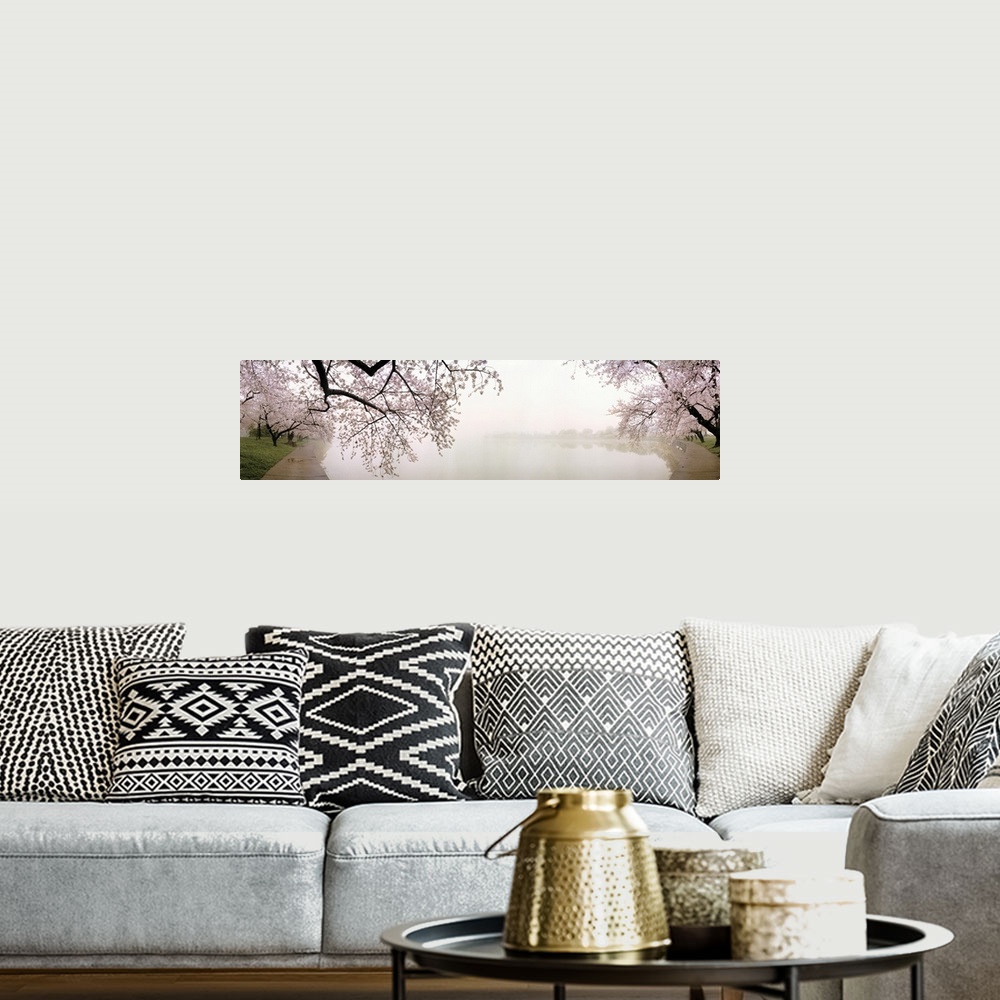 A bohemian room featuring Oversized horizontal panoramic photograph of newly-blossomed cherry trees beside a foggy lake in ...