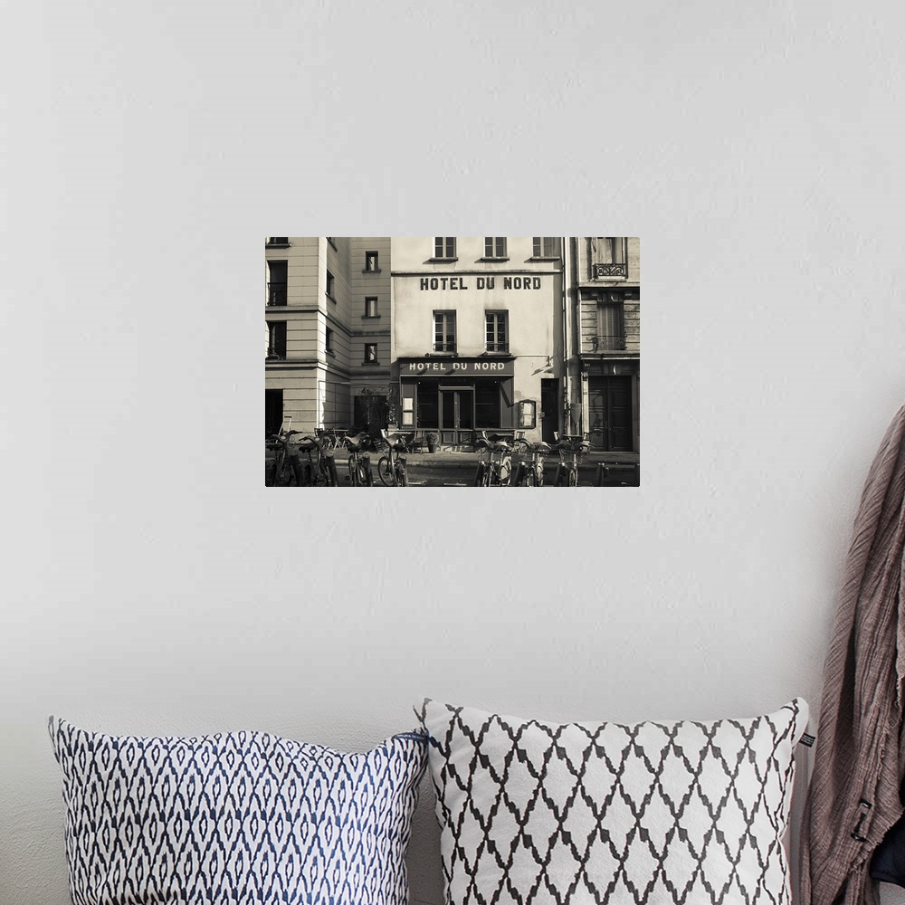 A bohemian room featuring Facade of a hotel, Hotel Du Nord, Canal Saint-Martin, Paris, Ile-de-France, France