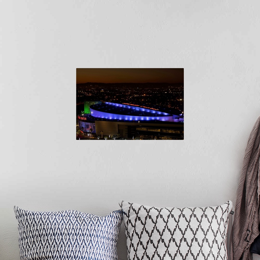 A bohemian room featuring USA, California, Los Angeles, Downtown, aerial of Staples Center, dusk